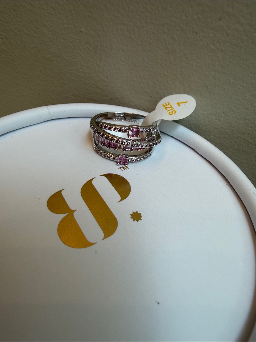 Silver Tone Pink Crystal Multi-Band Ring - Size 7